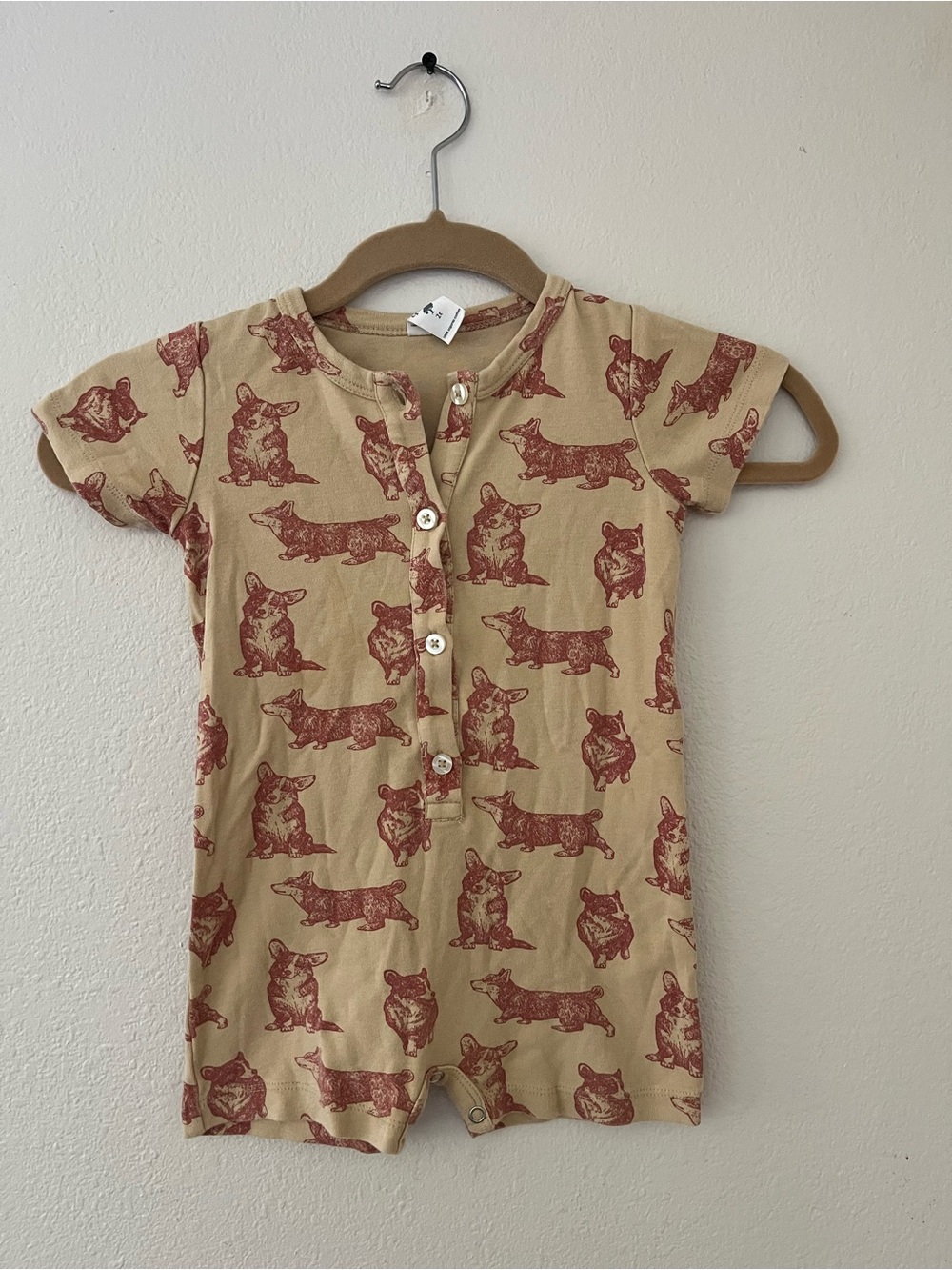kate quinn Tan One-Piece Romper with Rust Corgi Print